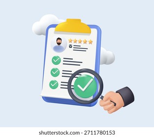 Profile document being examined with a magnifying glass, a user icon and a gear symbol 3D vector Illustration. Conveying identity verification, data review, and recruitment