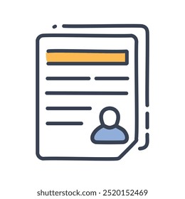 Profile document icon. Hand drawn style icon of a profile document with lines, a header, and a profile icon.