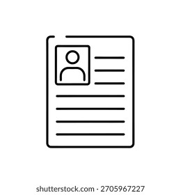 Ilustración de documento de Perfil en blanco y negro: icono de arte de línea mínima para registros de currículum, Identificación y Profesional