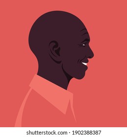 Profile of an elderly African man. The face of the happy grandfather is at the side. Avatar. Vector flat Illustration
