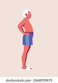 A profile of an elderly Asian man in a shorts. A full-length human figure. Summer vacation at southern resorts. Vector flat illustration