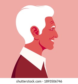 Profile of an elderly Latin American man. The face of the happy grandfather is at the side. Avatar. Vector flat Illustration