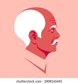 Profile of an elderly Latin American with a mustache. The grandfather's face is on the side. The avatar. Vector flat illustration