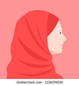 Profile of an elderly Muslim woman. Grandma's Avatar The head covered with a veil. Vector flat illustration