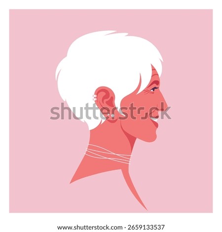Profile of an elderly smiling woman. Side view. Portrait of a happy grandmother. Vector flat illustration