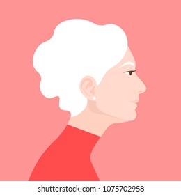 Profile of an elderly woman. The face of the pensioner is on the side. Avatar. Vector Flat Illustration