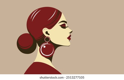 perfil de uma menina elegante com cabelo recolhido com batom vermelho e cabelo