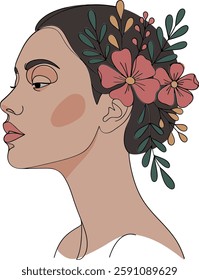 A woman’s profile is elegantly framed by colorful blossoms and leaves, embodying grace and serenity in a minimalistic design.