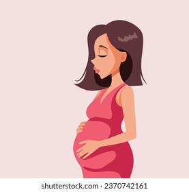 
Perfil de una madre que espera cuidar de su bebé Bump Vector Ilustración. Esperando una niña protectora sosteniendo su vientre de tercer trimestre
