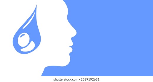 Profile of a face with a water drop, symbolizing tears, sadness, or hydration. Ideal for emotional well-being, beauty, and health-related content with a thoughtful touch