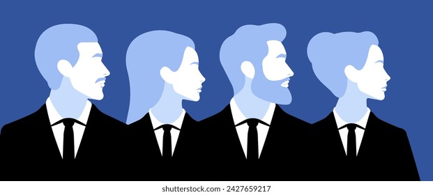 Profile faceless business people portraits in formal wear with ties. Stayin in a row. Looking one direction. Crowd. Different style hair. Head and chest view. Business diversity and partnership.