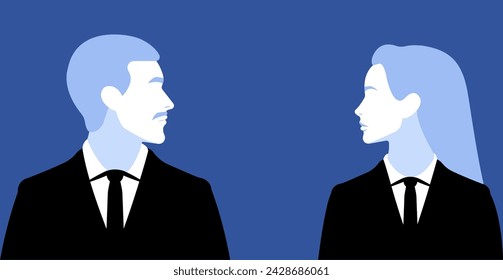 Profile faceless portraits of a business man and woman in formal wear with ties. Looking to each other. Head and chest view. Man with and moustache. Woman with long hair.