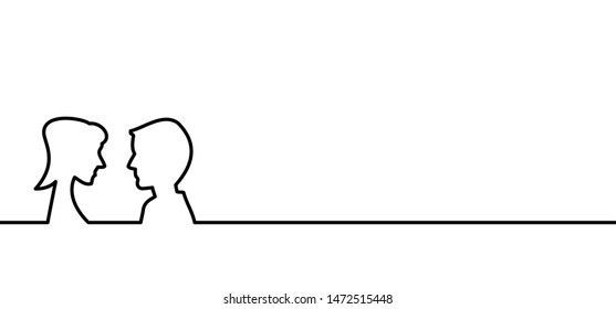 Profile faces, portrait man woman girl or boy. Line pattern love young people human silhouette Comic streak. Cartoon vector pictogram. Face to face Male female.
