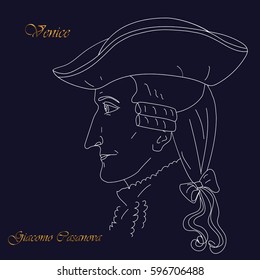 Profile of the famous Venetian adventurer and writer Giacomo Casanova. Vector illustration on the blue background.