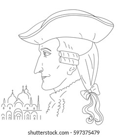 Profile of the famous Venetian adventurer and writer Giacomo Casanova. Vector illustration.