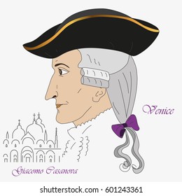 Profile Of The Famous Venetian Adventurer And Writer Giacomo Casanova. Vector Illustration.