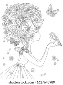profile of fashion girl with floral hairstyle standing and holding a bird for your coloring page