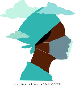 Profile of a female doctor or nurse in scrubs and face mask, clouds over her head, EPS 8 vector illustration, no transparencies