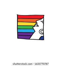 Profile of a female face in a square on the background of a rainbow LGBT flag. Vector