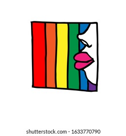 Profile of a female face in a square on the background of a rainbow LGBT flag. Vector