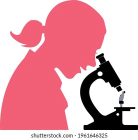 Profile of a female scientist looking in a microscope at a tiny male bureaucrat, EPS 8 vector illustration