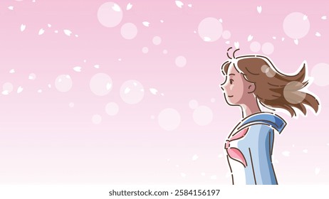 Profile of a female student in a sailor suit standing as cherry blossoms dance in the wind