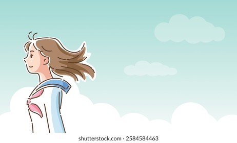 Profile of a female student in a sailor suit looking ahead with a refreshing blue sky in the background