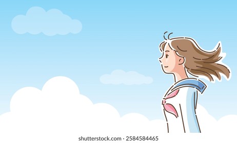 Profile of a female student in a sailor suit looking ahead with a refreshing blue sky in the background