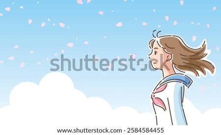 Profile of a female student in a sailor suit standing as cherry blossoms dance in the wind
