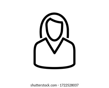 Profile female, woman vector icon. The symbol woman icon for web site. Illustration user profile for mobile apps. Pictogram profile, user. Minimalist icon profile, user avatar icon