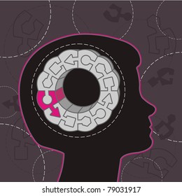 profile feminine head with puzzle on background. The Vector illustration.