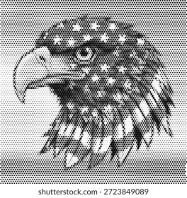 Perfil de una cabeza de águila feroz, estilizada en un formato de Vector de semitono afilado. Este poderoso emblema captura el orgullo y la fuerza nacional con una presencia dominante. Ideal para logotipos de empresas de seguridad, insignias militares y mascotas de equipos deportivos nacionales. Perfecto para el gobierno y la marca patriótica. Vector de alta calidad para un fácil escalado y un uso emblemático.