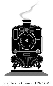 Profile front view of an old locomotive on rails. Black and white vector