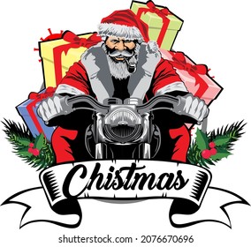 Profile front view Santa riding moped fast speed hurry up rush carrying bringing pile stack giftbox isolated bright vivid shine vibrant yellow color background,  illustration for t-shirt design