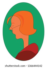 Profile of a ginger woman with round glasses inside green elipse vector illustration on a white background