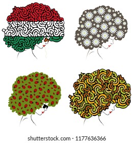 Profile of a girl with abstract  hair volume.Set of four illustrations