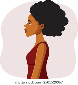 
Profil von Girl of African Ethnicity Vector Cartoon. Schöne Frau fühlt sich positiv und optimistisch 
