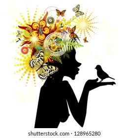 Profile of a girl with a bird in the hand. vector