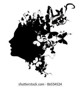 Profile of a girl with butterflies. Black and white vector illustration