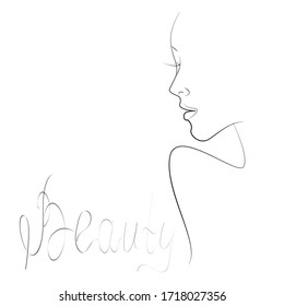 profile of a girl contour drawing lineart. logo beauty salon. vector illustration isolated white background. empty space for text. lettering the words beauty.