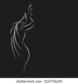 profile of a girl contour drawing lineart. logo beauty salon. vector illustration isolated black background. empty space for text. lettering the words beauty.
