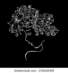 profile of a girl with flowers in her hair. a wreath of lilies and daisies on the head. vector line of the drawing with a contour. isolated on a black background. elegant logo for beauty salon. Spa. B