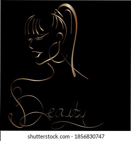 Profile of a girl gold contour drawing lineart. Logo beauty salon, Spa, massage, make-up, hairdresser. Vector illustration isolated black background. empty space for text. 