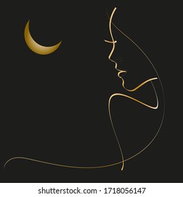 profile of a girl golden contour drawing lineart. logo beauty salon.moon in the night sky. vector illustration isolated black background. empty space for text. lettering the words beauty.