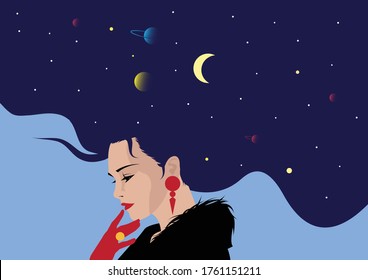 The profile of a girl with he hair full of stars inside. Female portrait of magic night fairy. Vector illustration. Fantasy, spirituality, occultism.