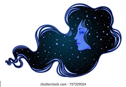 The profile of a girl with he hair full of stars inside. Female portrait of magic night fairy. Isolated vector illustration. Fantasy, spirituality, occultism, tattoo. Art nouveau inspired.