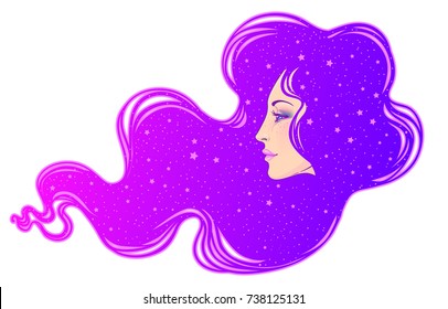 The profile of a girl with he hair full of stars inside. Female portrait of magic night fairy. Isolated vector illustration. Fantasy, spirituality, occultism, tattoo. Art nouveau inspired.