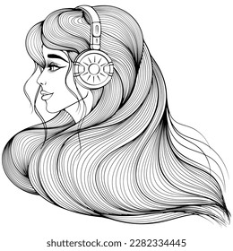 Profile of a girl in headphones. Woman portrait with long hair. Vector illustrations in hand drawn sketch doodle style. Line art fashion portrait isolated on white. Design for coloring book, print