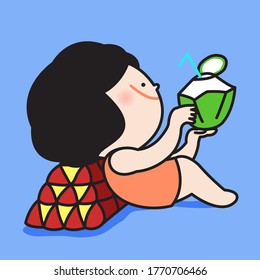 Profile Girl Laying On Thai Triangular Pillow While Holding Fresh Coconut Drink In Hand. Asian Relaxing Life Style And Food Concept Card Charater illustration