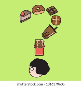 Profile Of Girl Looking Up To Sweet Treats In The Shape Of Question Mark Over A Green Background. Woman Deciding What Snacks To Eat Concept Card Character illustration